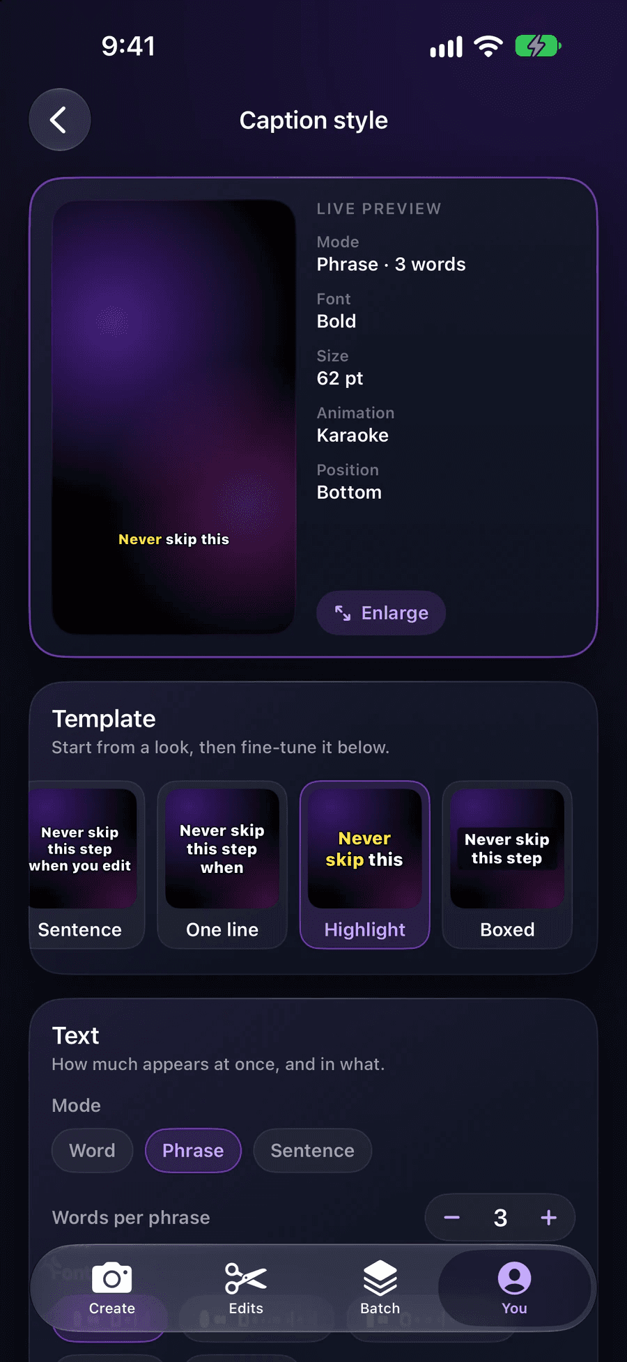 EditAI’s Caption style screen, with a live preview where the spoken word lights up yellow and caption templates to choose from.