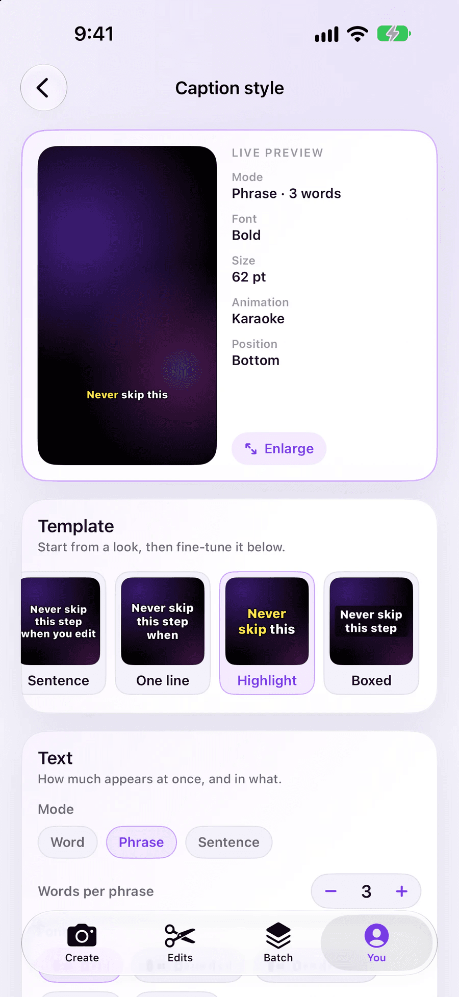 EditAI’s Caption style screen, with a live preview where the spoken word lights up yellow and caption templates to choose from.