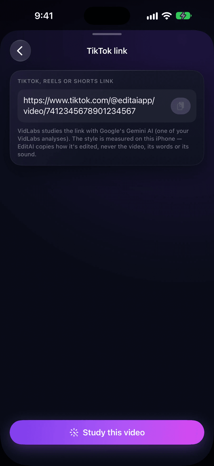 EditAI’s Edit like this screen with a TikTok link pasted and a Study this video button.