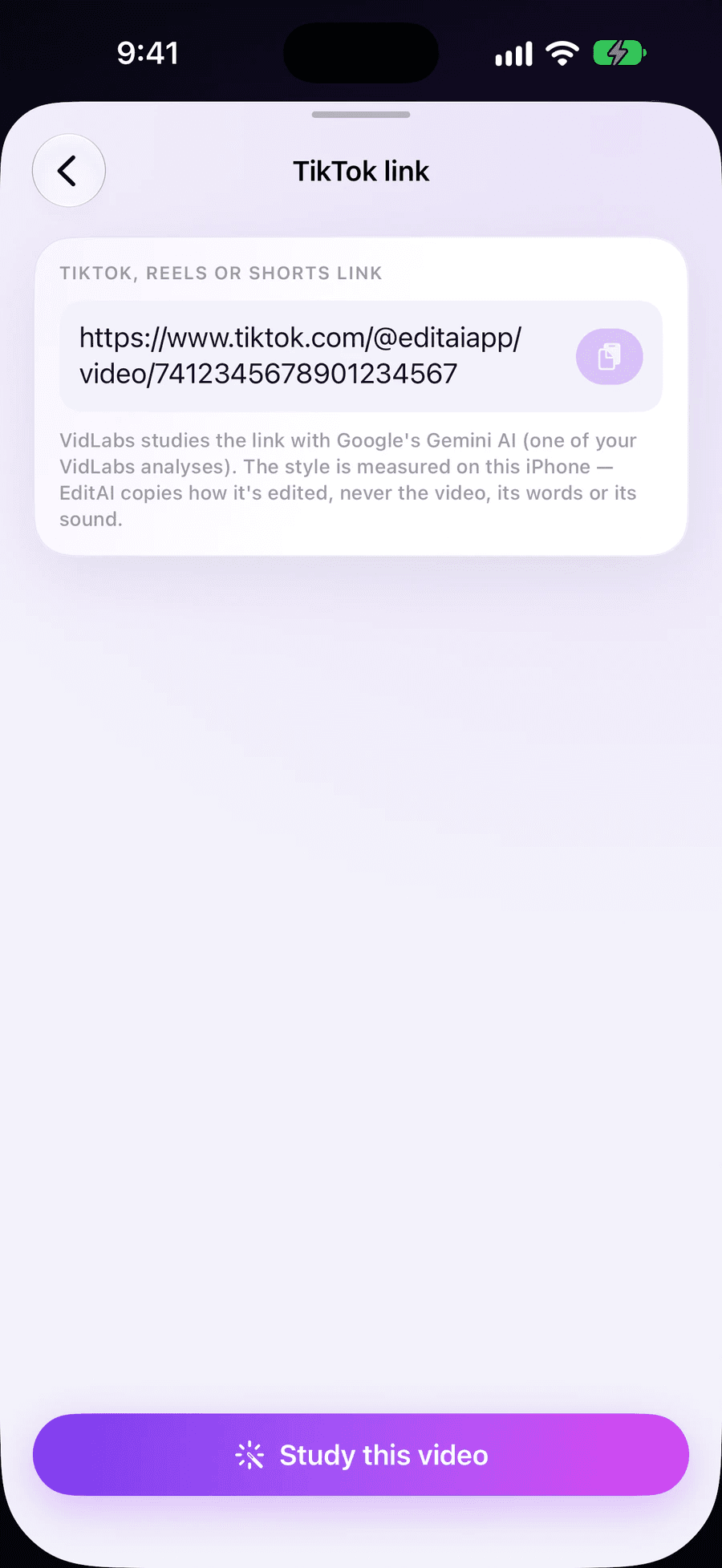 EditAI’s Edit like this screen with a TikTok link pasted and a Study this video button.