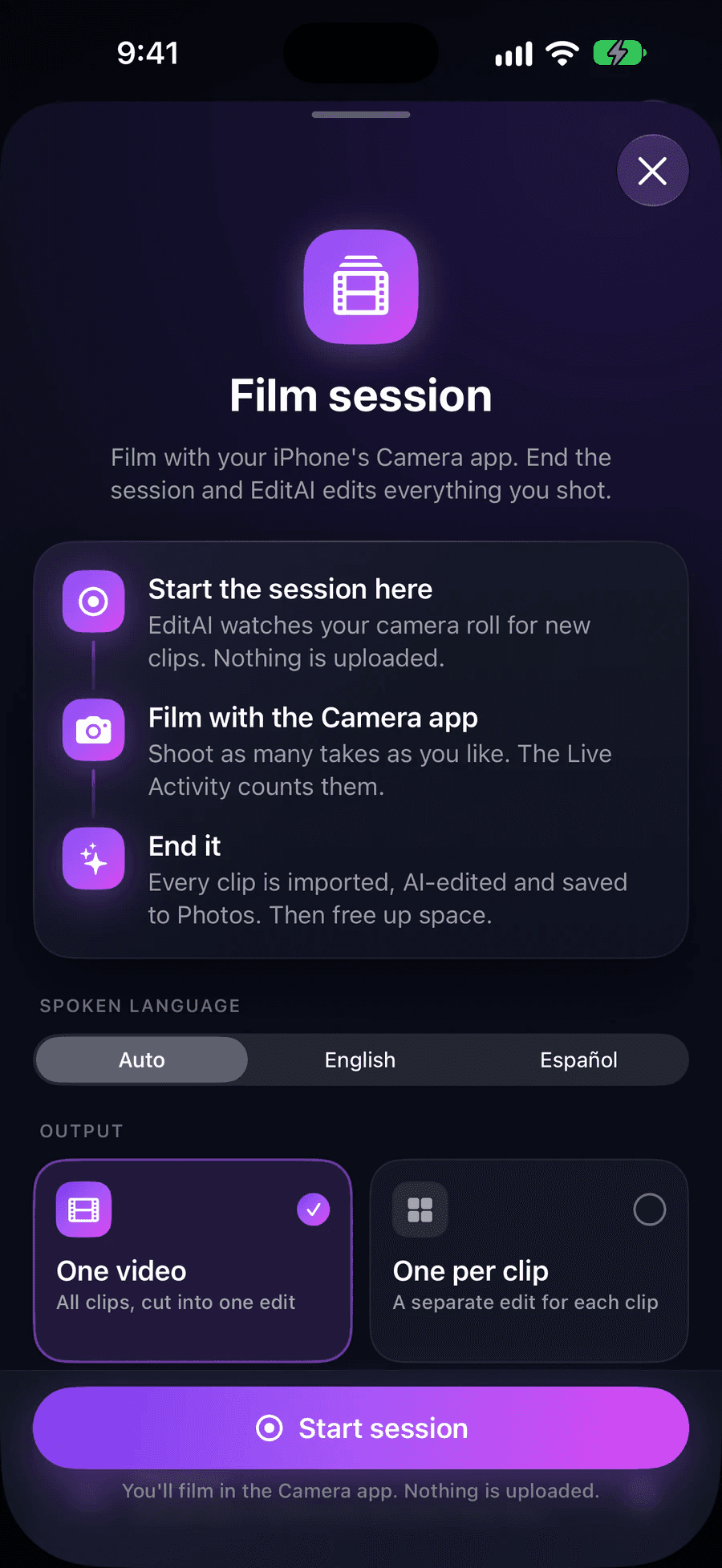 EditAI’s Film session sheet: start the session, film with the Camera app, end it. Options for the spoken language and one video or one per clip.