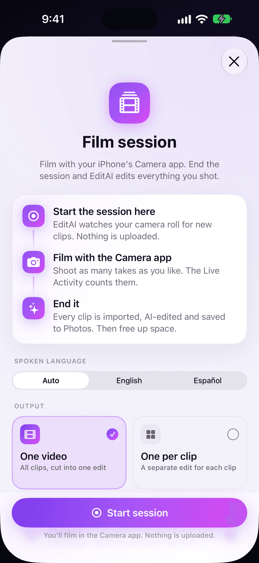 EditAI’s Film session sheet: start the session, film with the Camera app, end it. Options for the spoken language and one video or one per clip.