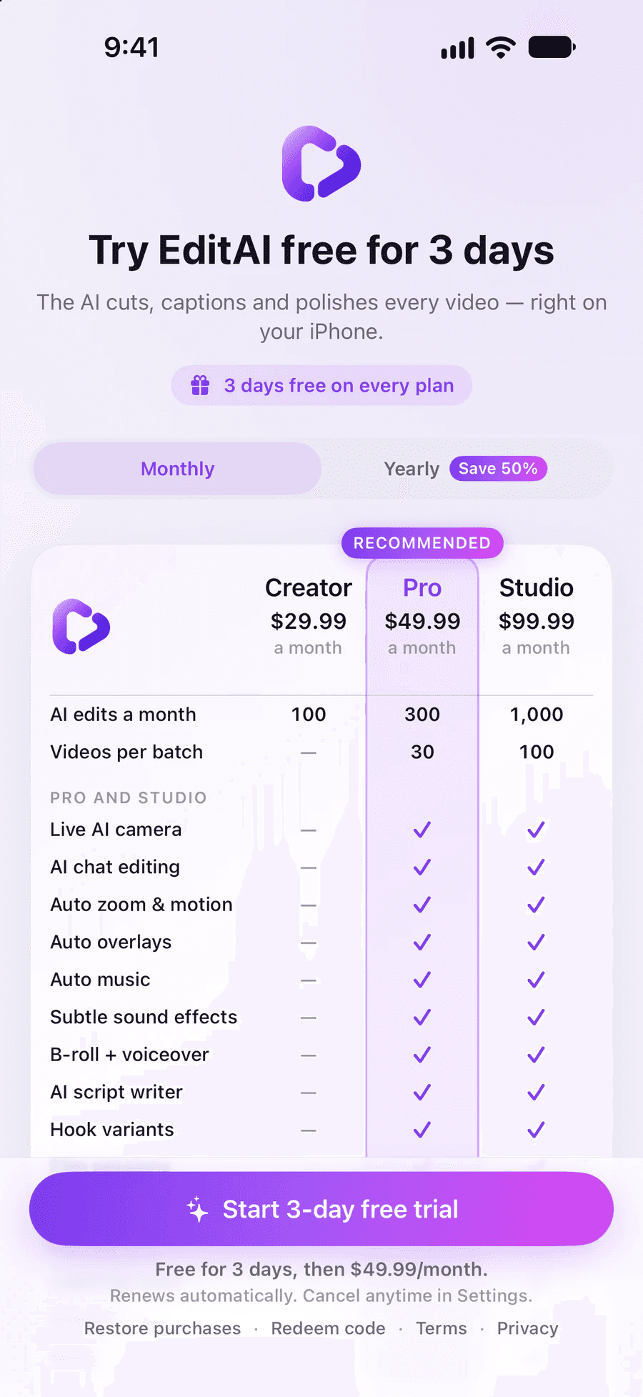 EditAI's plan screen in the app: Try EditAI free for 3 days, Monthly or Yearly (save 50%), and a table comparing Creator at $29.99, Pro at $49.99 and Studio at $99.99 a month.
