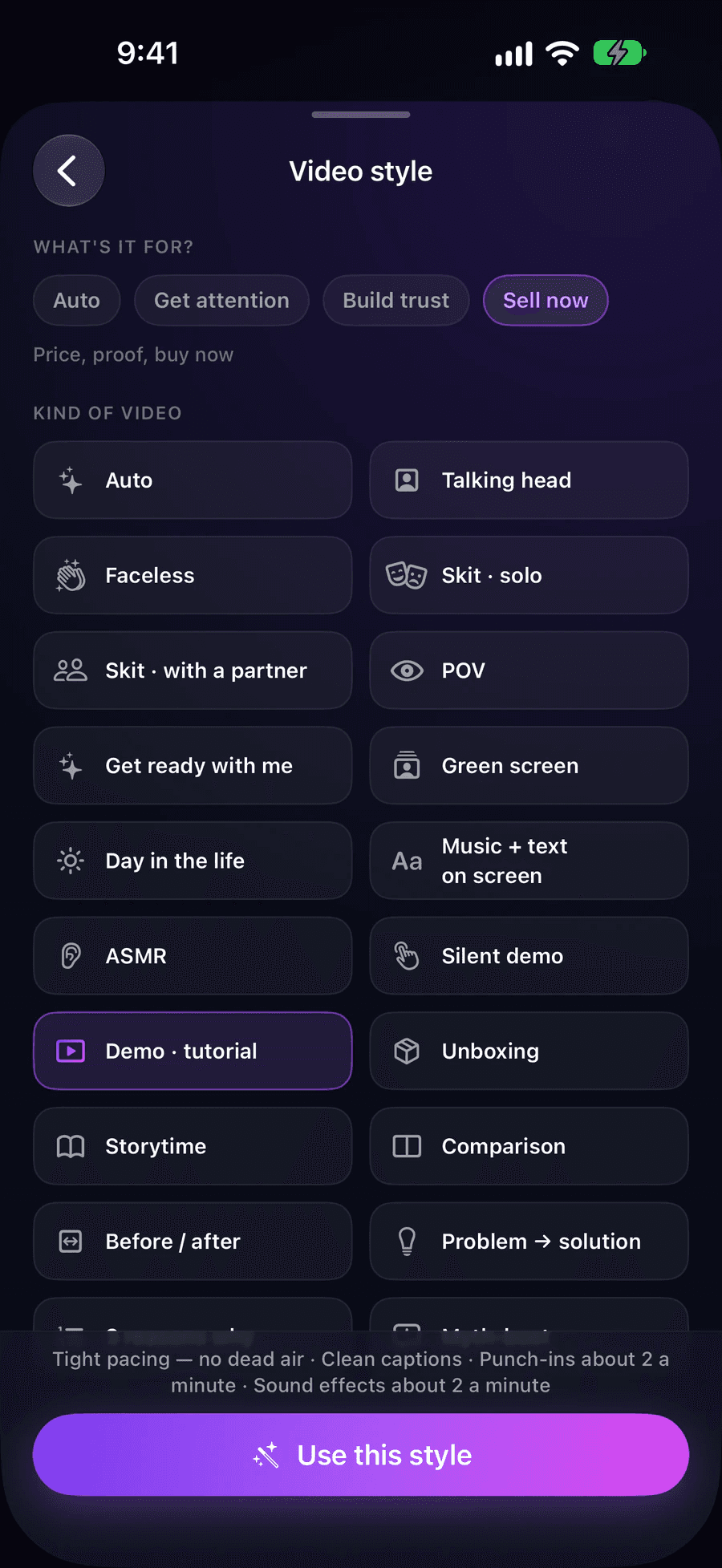 EditAI’s Video style screen. Goals: Auto, Get attention, Build trust and Sell now. Below, a grid of video kinds like Talking head, Faceless, POV and Demo · tutorial.