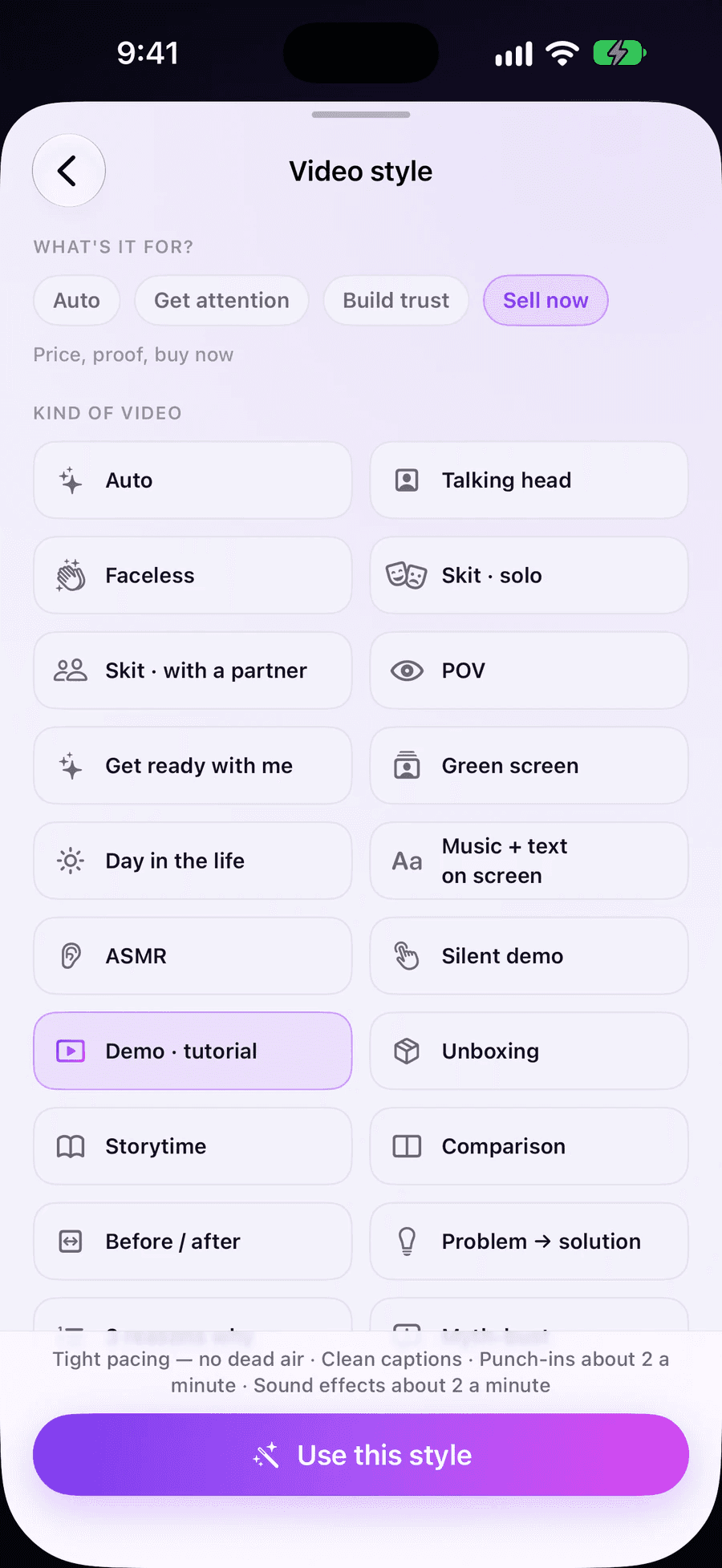 EditAI’s Video style screen. Goals: Auto, Get attention, Build trust and Sell now. Below, a grid of video kinds like Talking head, Faceless, POV and Demo · tutorial.